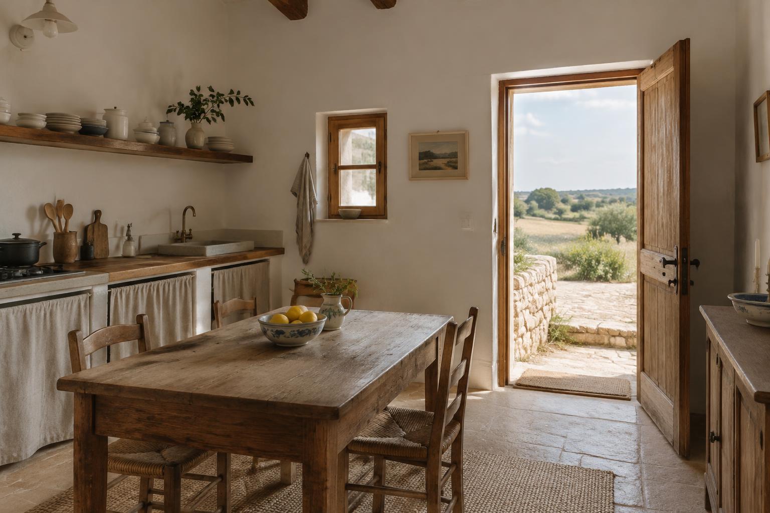 Apartamento con cocina y puerta abierta al campo