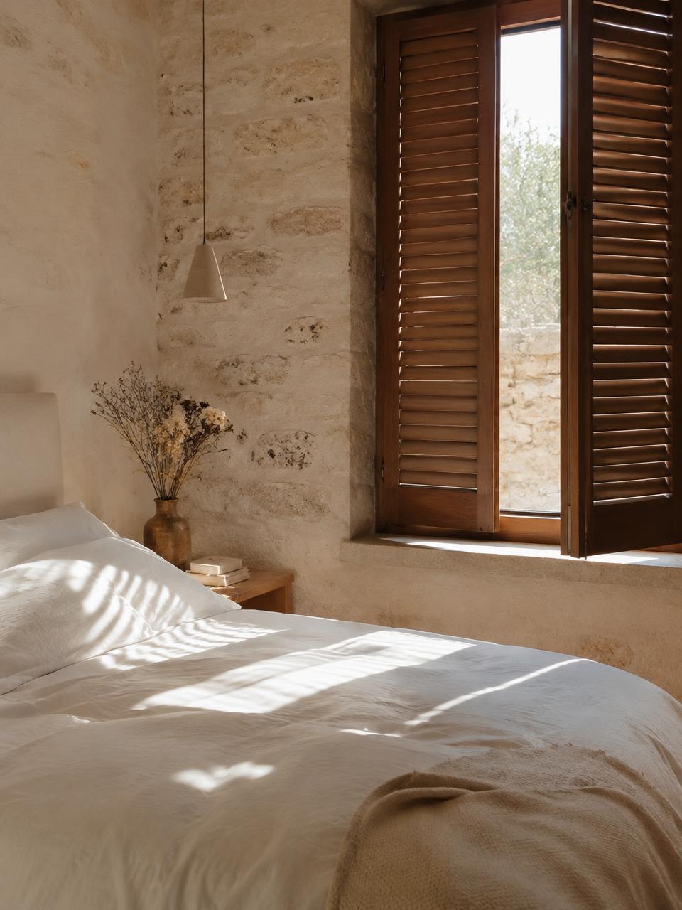Dormitorio con sábanas de lino