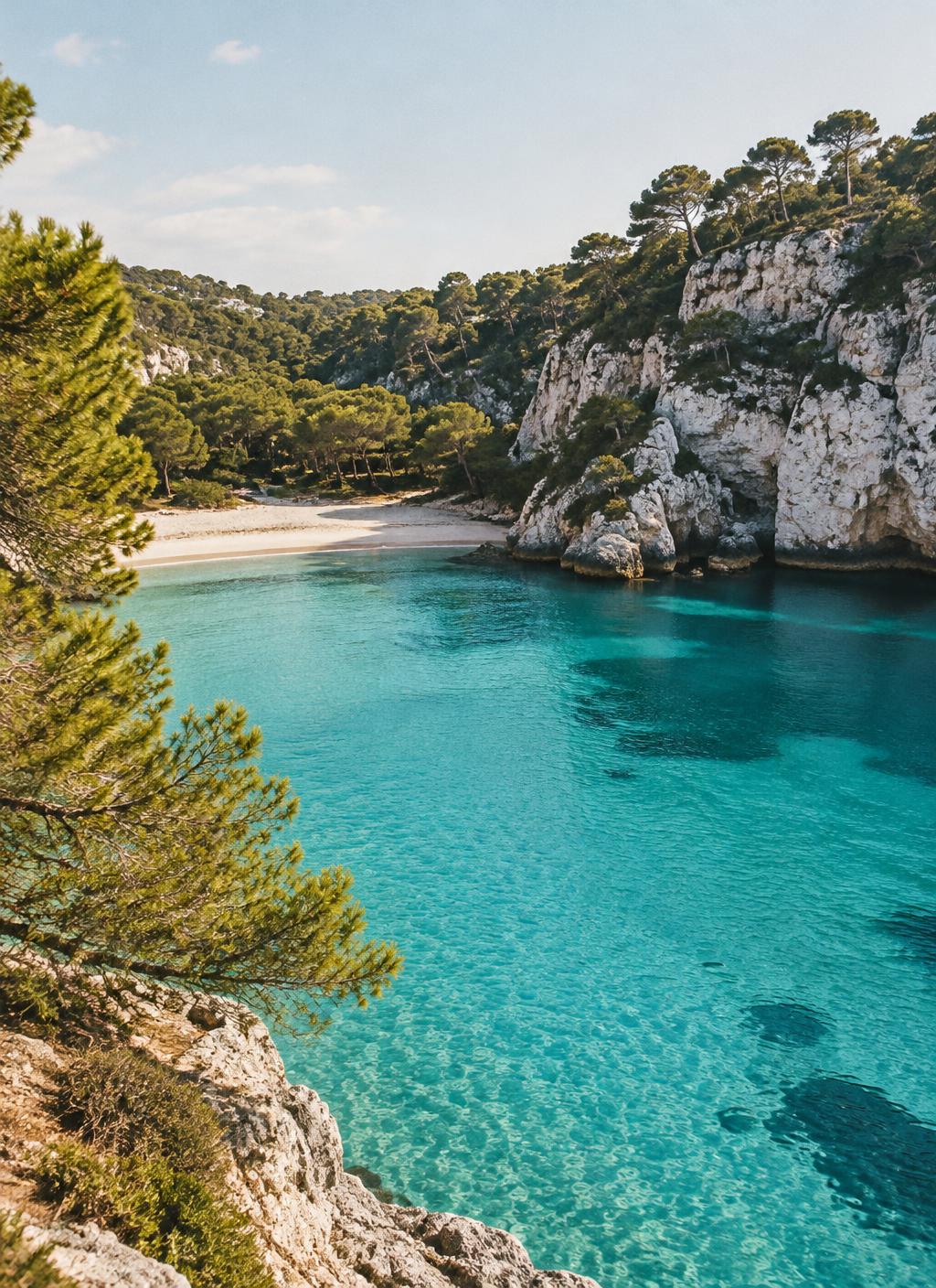 Cala del sur de Menorca con agua turquesa y pinos