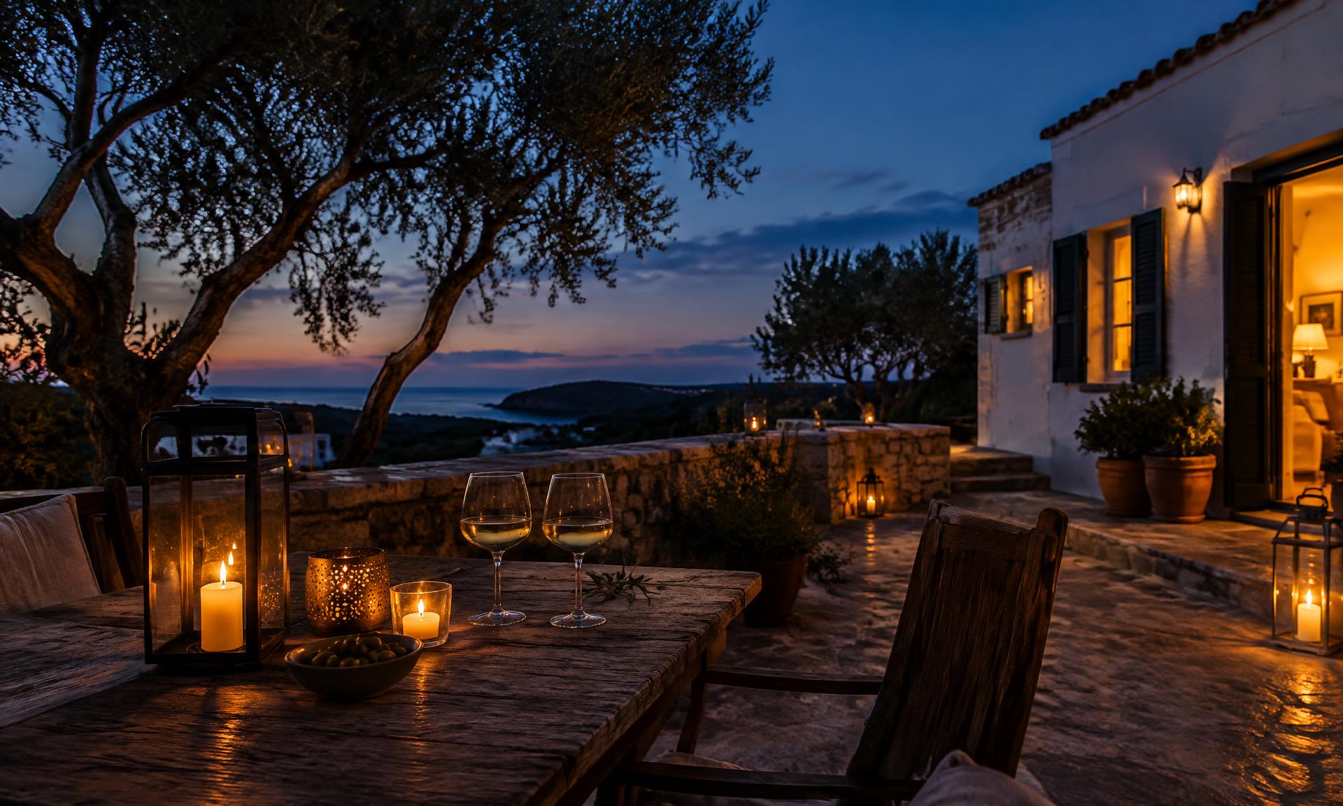 Terraza de la casa al anochecer con velas