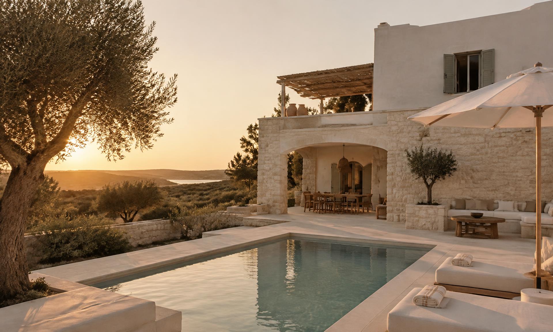 Casa Olivar al atardecer, con su piscina y un olivo centenario