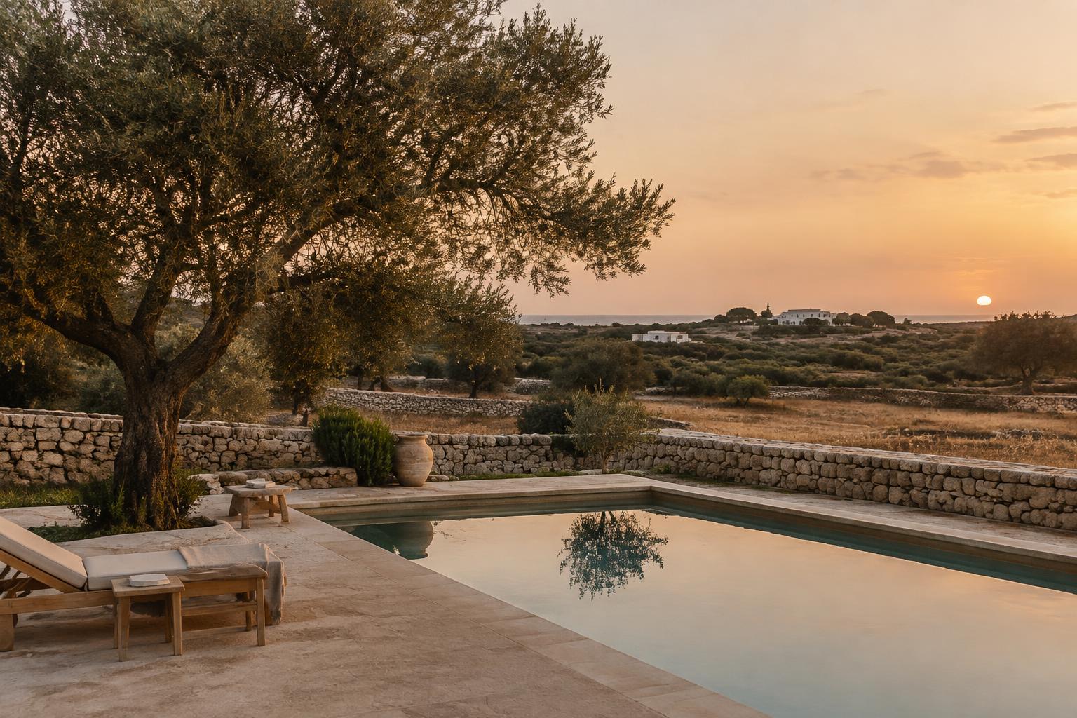 Piscina entre muros de piedra y olivos al atardecer