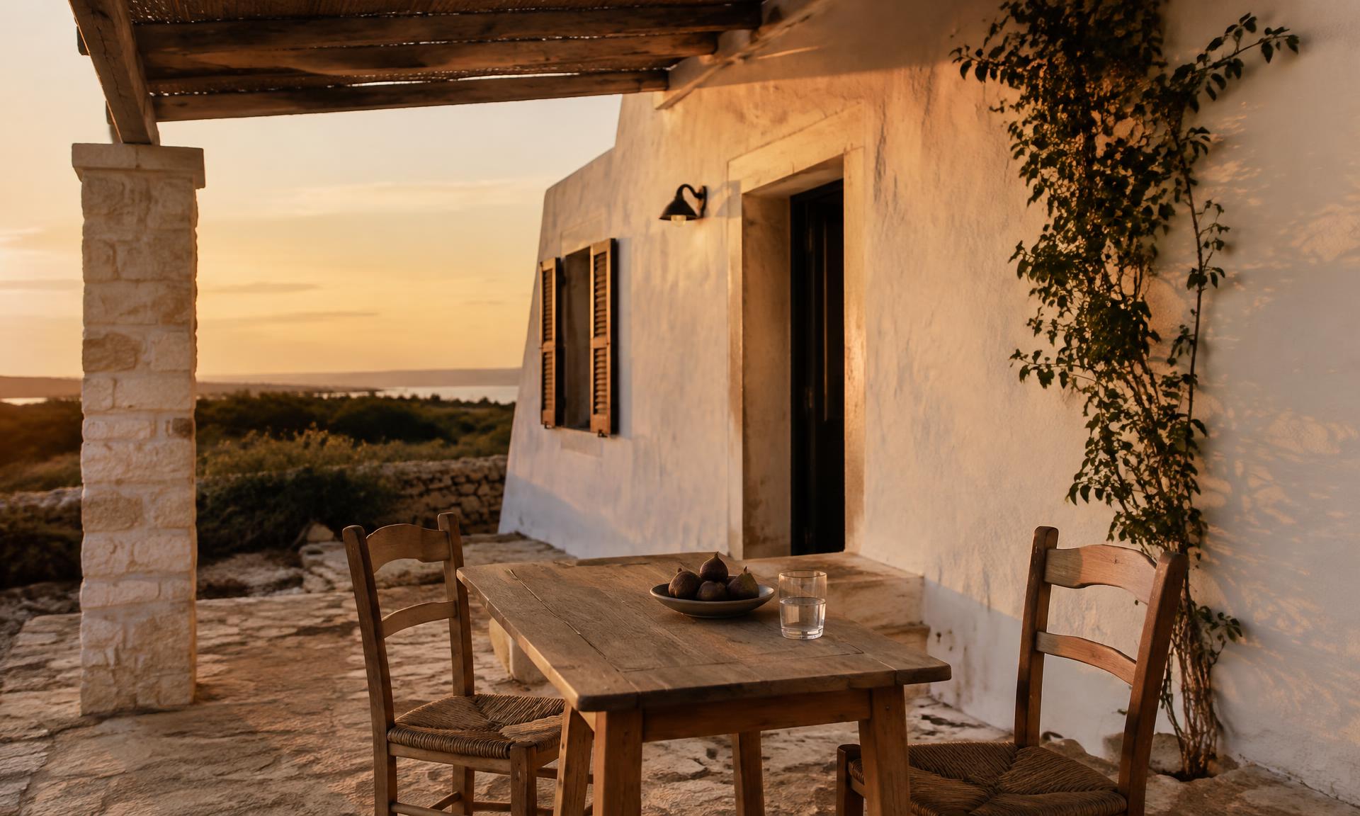 Mesa de madera bajo el porche al atardecer