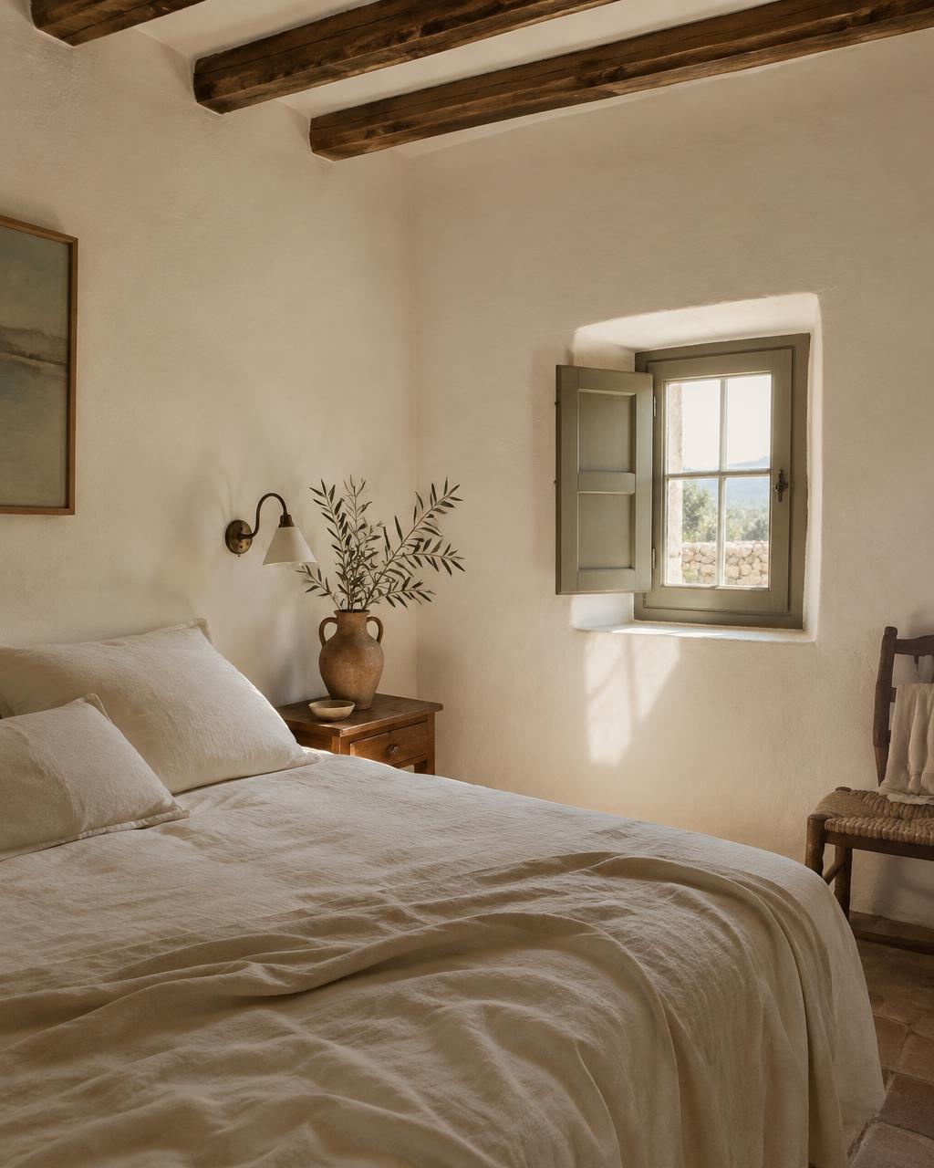 Habitación con vigas de madera y luz de mañana