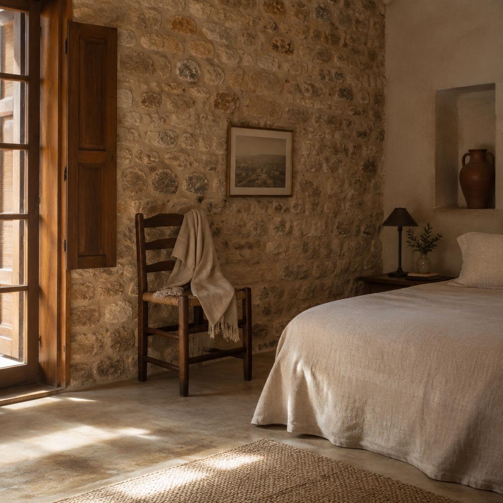 Habitación con pared de piedra
