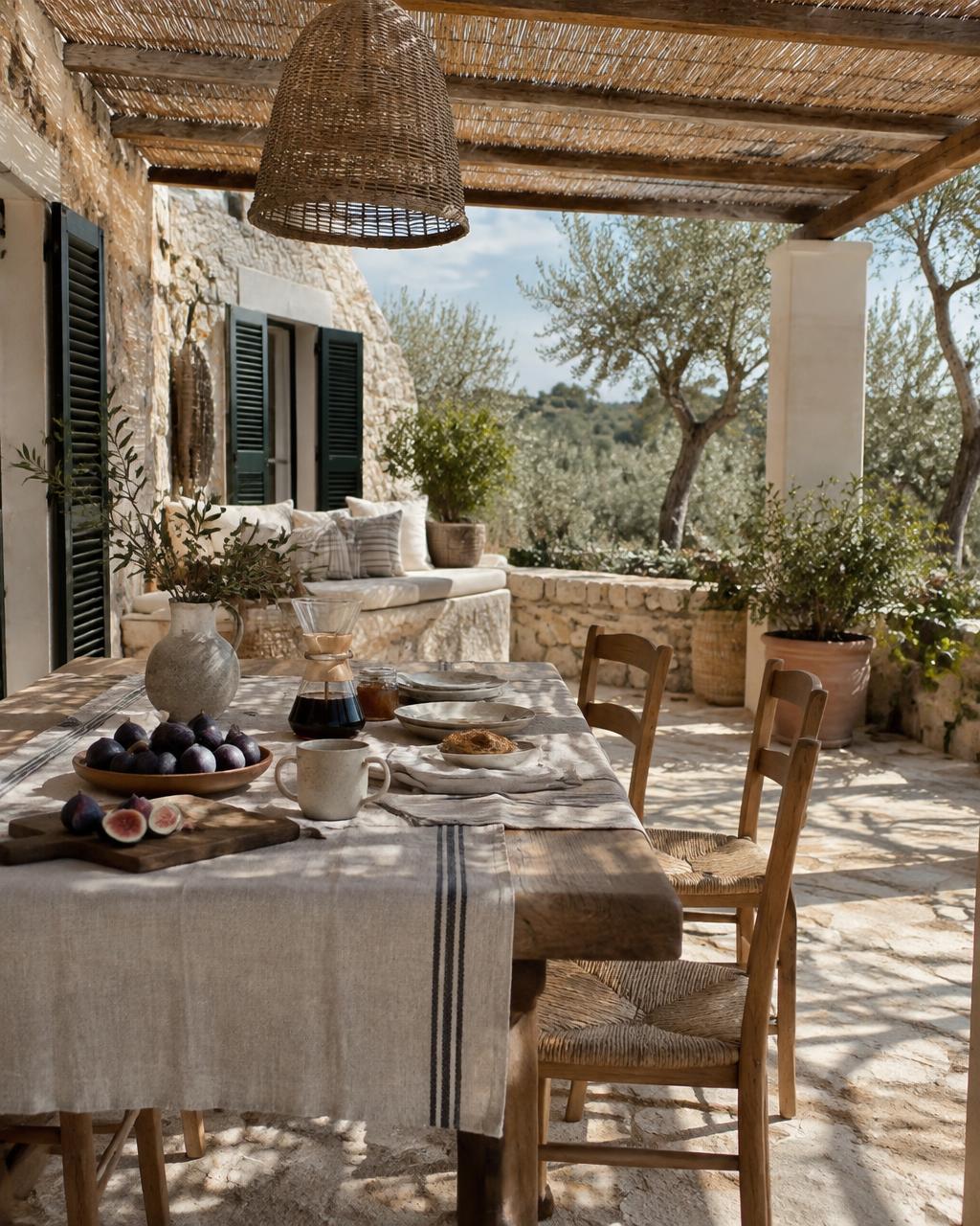 Desayuno bajo la pérgola de la terraza